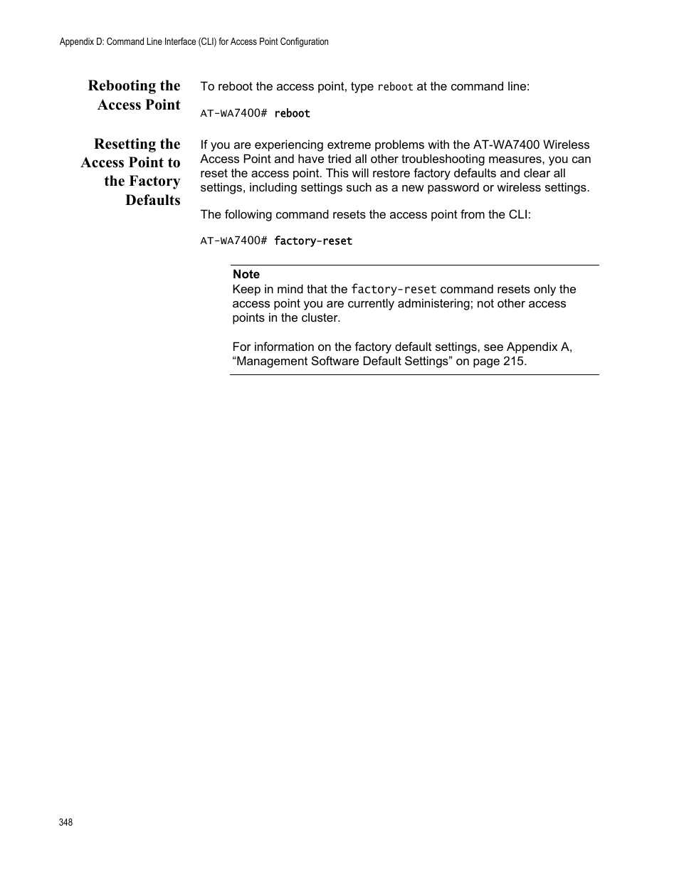 Rebooting the access point, Resetting the access point to the factory defaults | Allied Telesis AT-WA7400/NA User Manual | Page 348 / 362