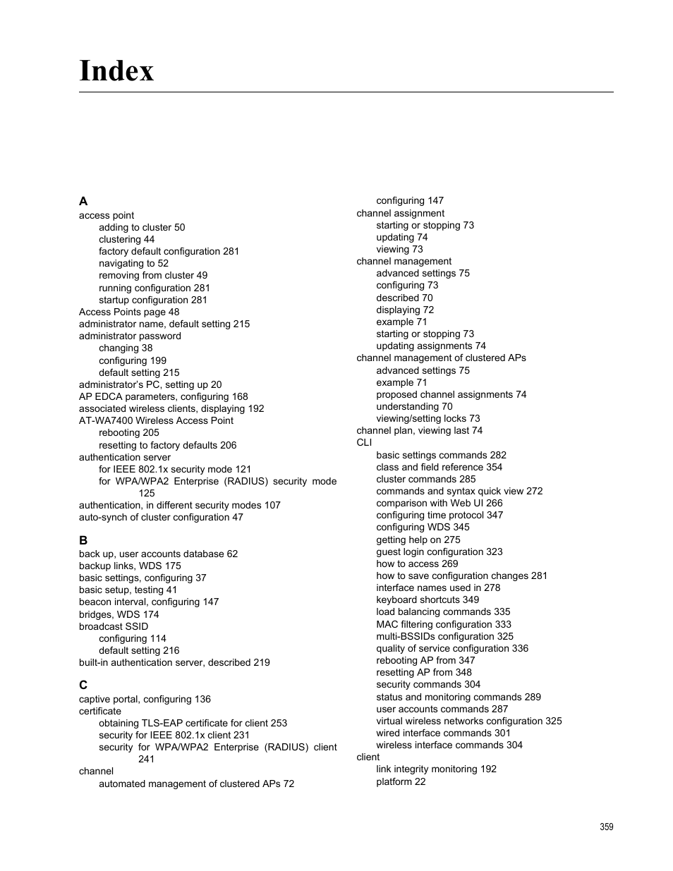 Index | Allied Telesis AT-WA7400/NA User Manual | Page 359 / 362