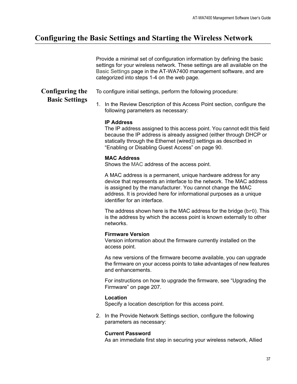 Configuring the basic settings | Allied Telesis AT-WA7400/NA User Manual | Page 37 / 362