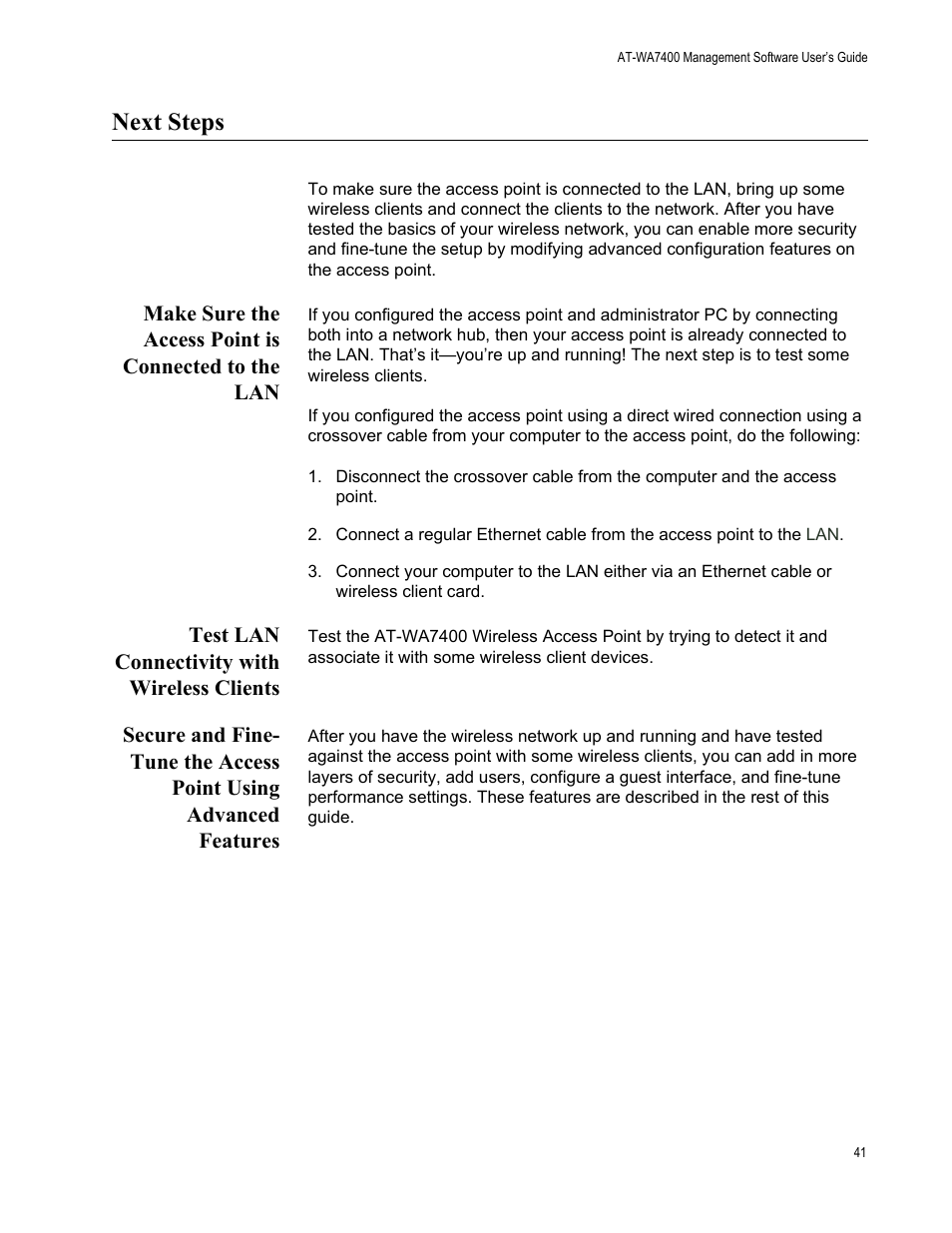 Next steps, Make sure the access point is connected to the lan, Test lan connectivity with wireless clients | Allied Telesis AT-WA7400/NA User Manual | Page 41 / 362