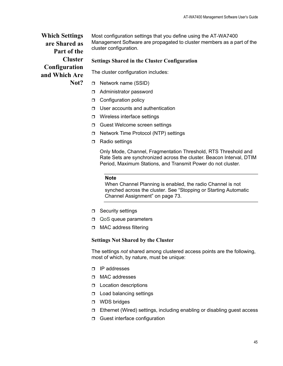 Settings shared in the cluster configuration, Settings not shared by the cluster | Allied Telesis AT-WA7400/NA User Manual | Page 45 / 362