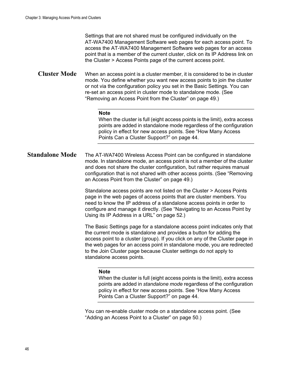 Cluster mode, Standalone mode, Cluster mode standalone mode | Allied Telesis AT-WA7400/NA User Manual | Page 46 / 362