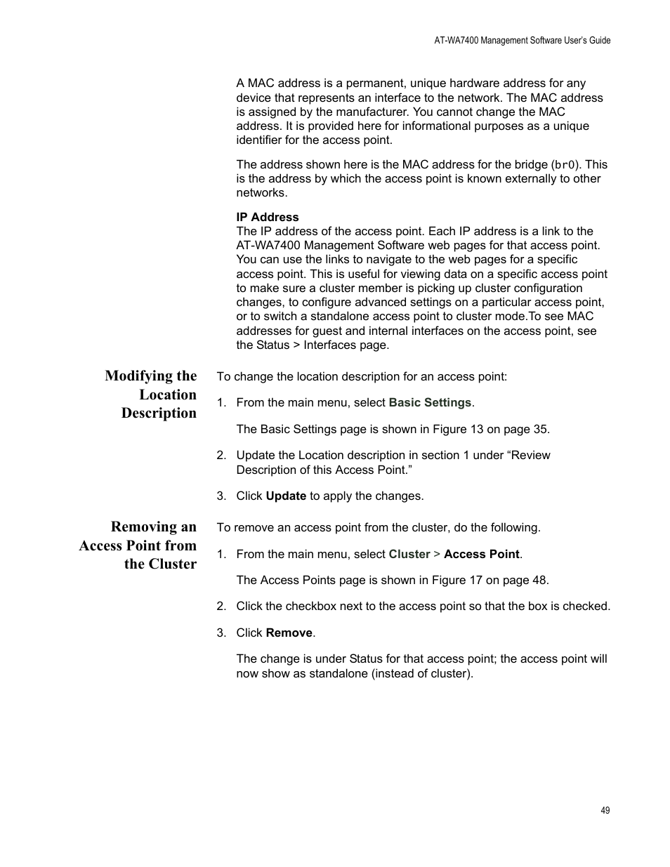 Modifying the location description, Removing an access point from the cluster | Allied Telesis AT-WA7400/NA User Manual | Page 49 / 362