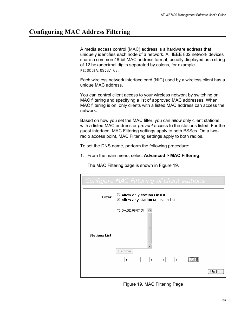 Configuring mac address filtering | Allied Telesis AT-WA7400/NA User Manual | Page 53 / 362