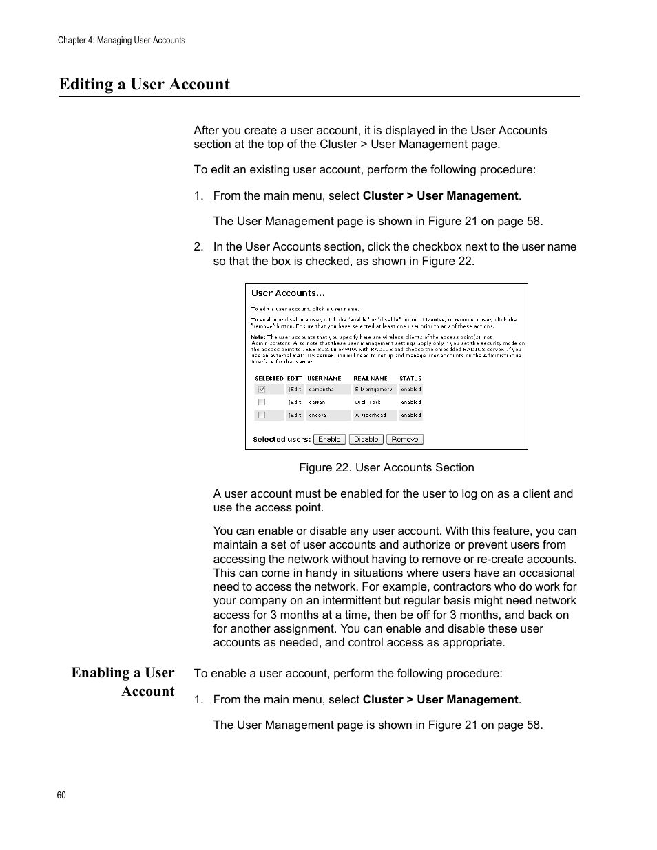 Editing a user account, Enabling a user account | Allied Telesis AT-WA7400/NA User Manual | Page 60 / 362