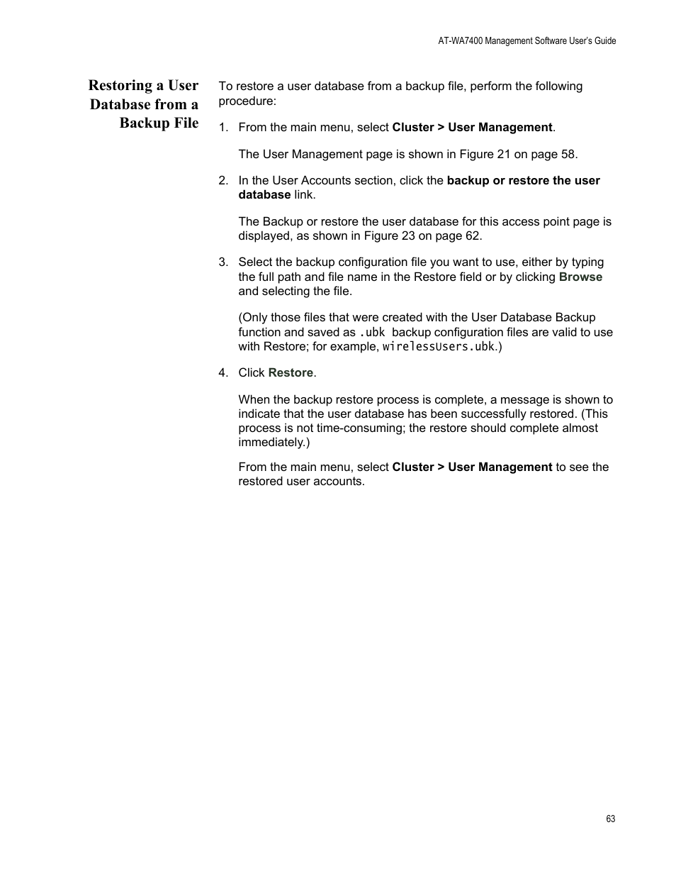 Restoring a user database from a backup file | Allied Telesis AT-WA7400/NA User Manual | Page 63 / 362