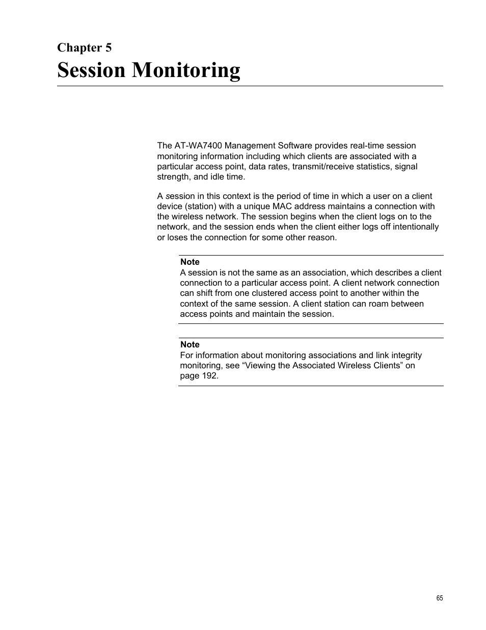 Chapter 5, Session monitoring, R 5: session monitoring | Allied Telesis AT-WA7400/NA User Manual | Page 65 / 362