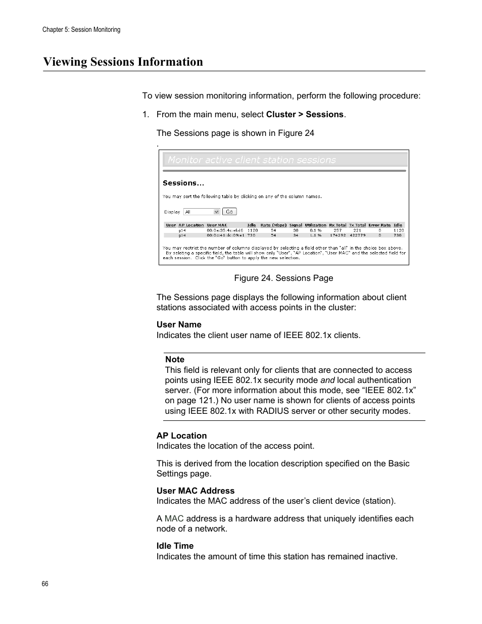 Viewing sessions information | Allied Telesis AT-WA7400/NA User Manual | Page 66 / 362