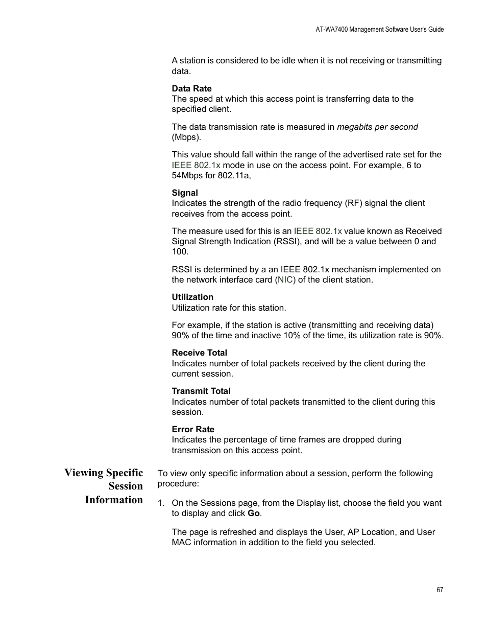 Viewing specific session information | Allied Telesis AT-WA7400/NA User Manual | Page 67 / 362