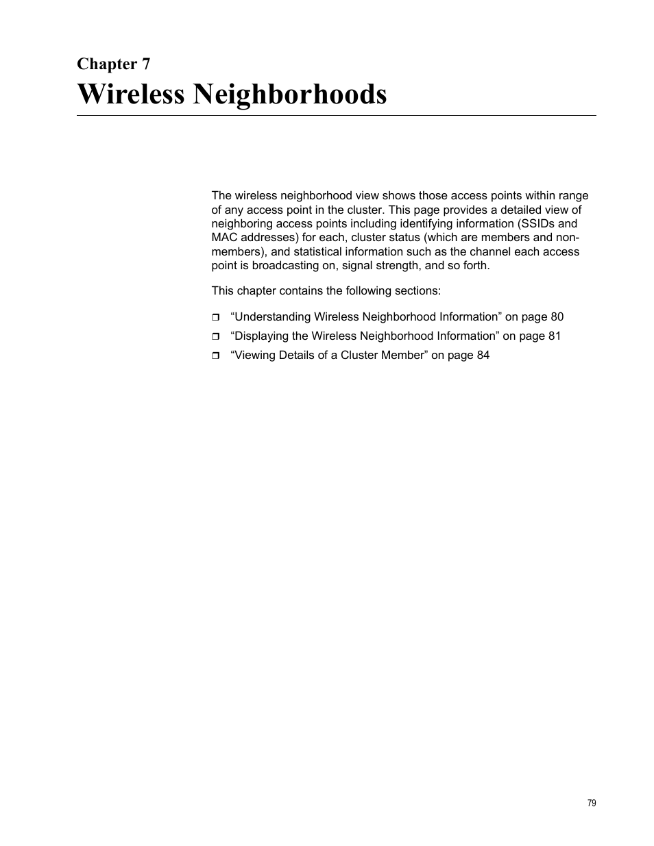 Chapter 7, Wireless neighborhoods, R 7: wireless neighborhoods | Allied Telesis AT-WA7400/NA User Manual | Page 79 / 362