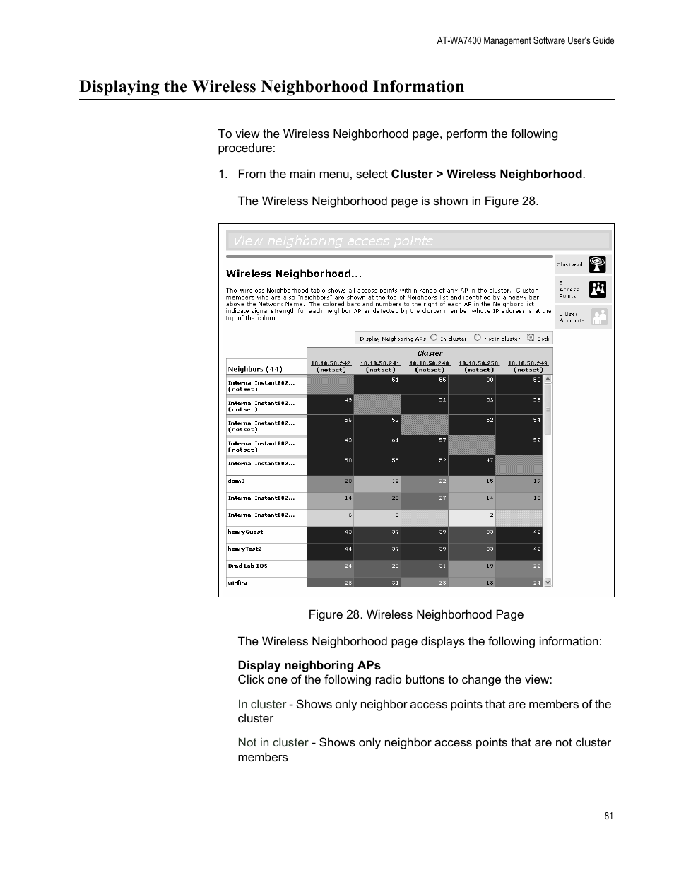 Displaying the wireless neighborhood information | Allied Telesis AT-WA7400/NA User Manual | Page 81 / 362
