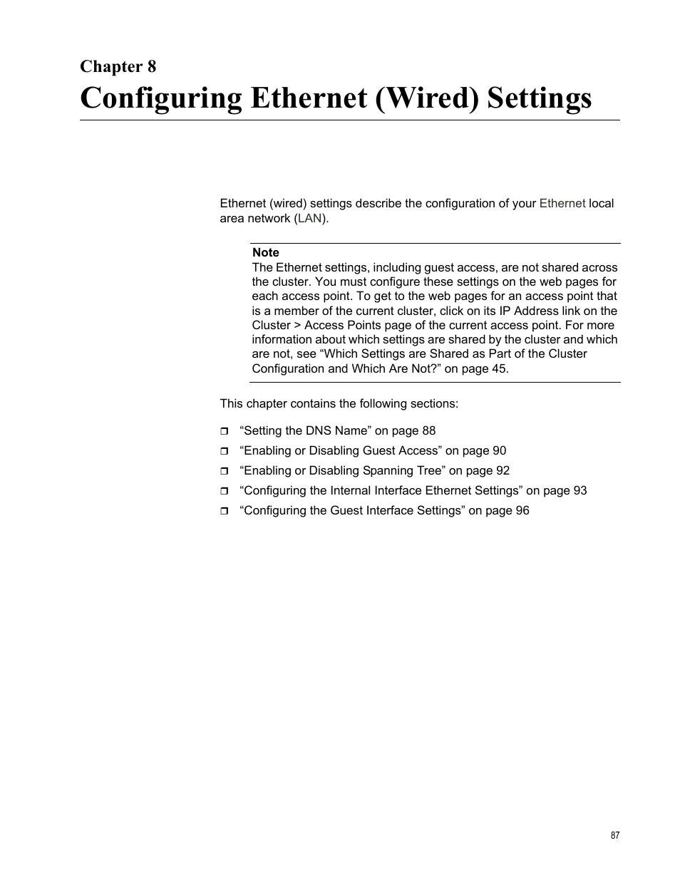 Chapter 8, Configuring ethernet (wired) settings, Ter 8: configuring ethernet (wired) settings | Allied Telesis AT-WA7400/NA User Manual | Page 87 / 362