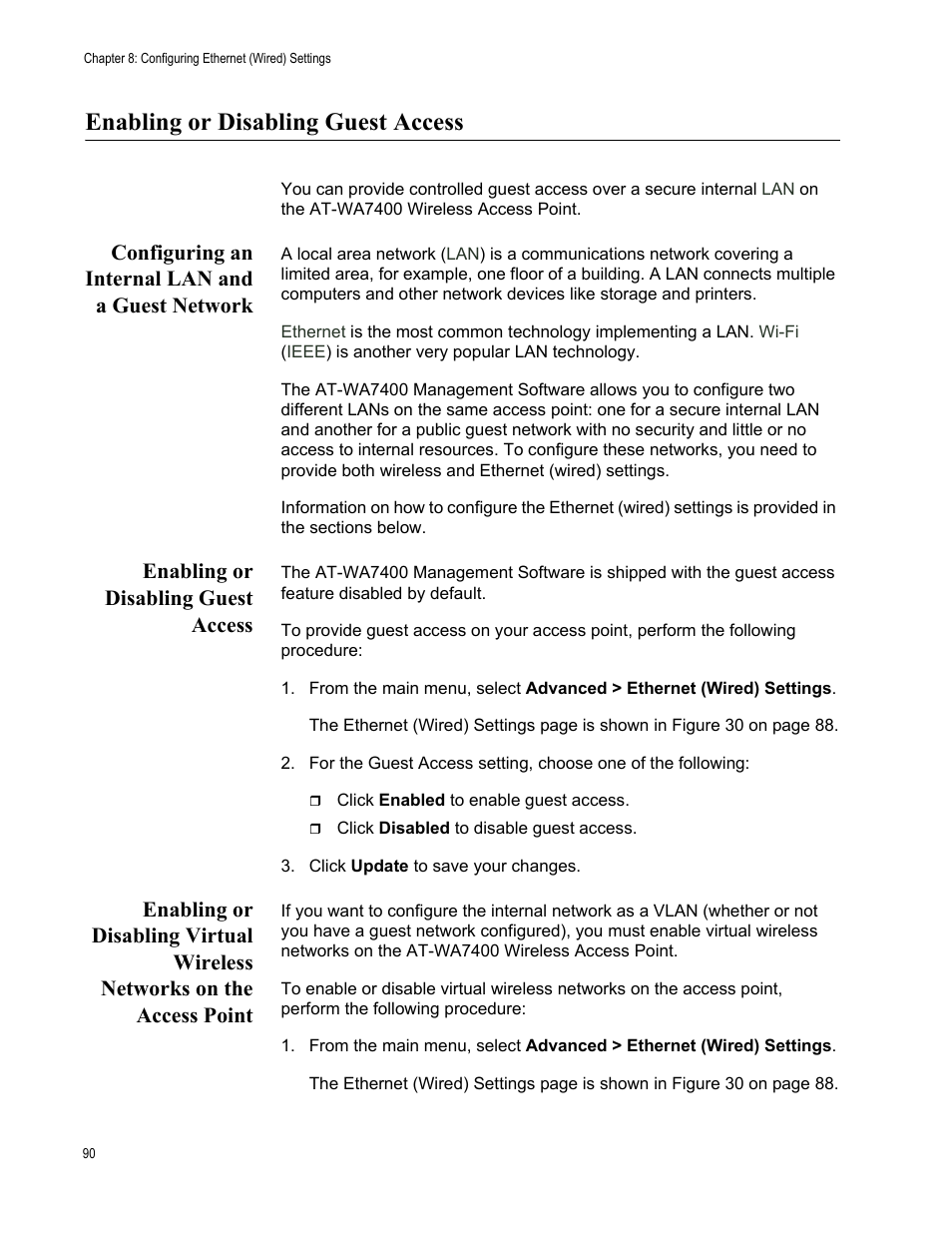 Enabling or disabling guest access, Configuring an internal lan and a guest network | Allied Telesis AT-WA7400/NA User Manual | Page 90 / 362