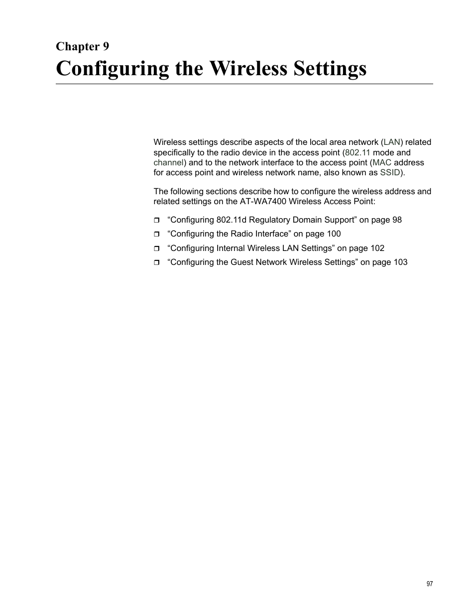 Chapter 9, Configuring the wireless settings | Allied Telesis AT-WA7400/NA User Manual | Page 97 / 362