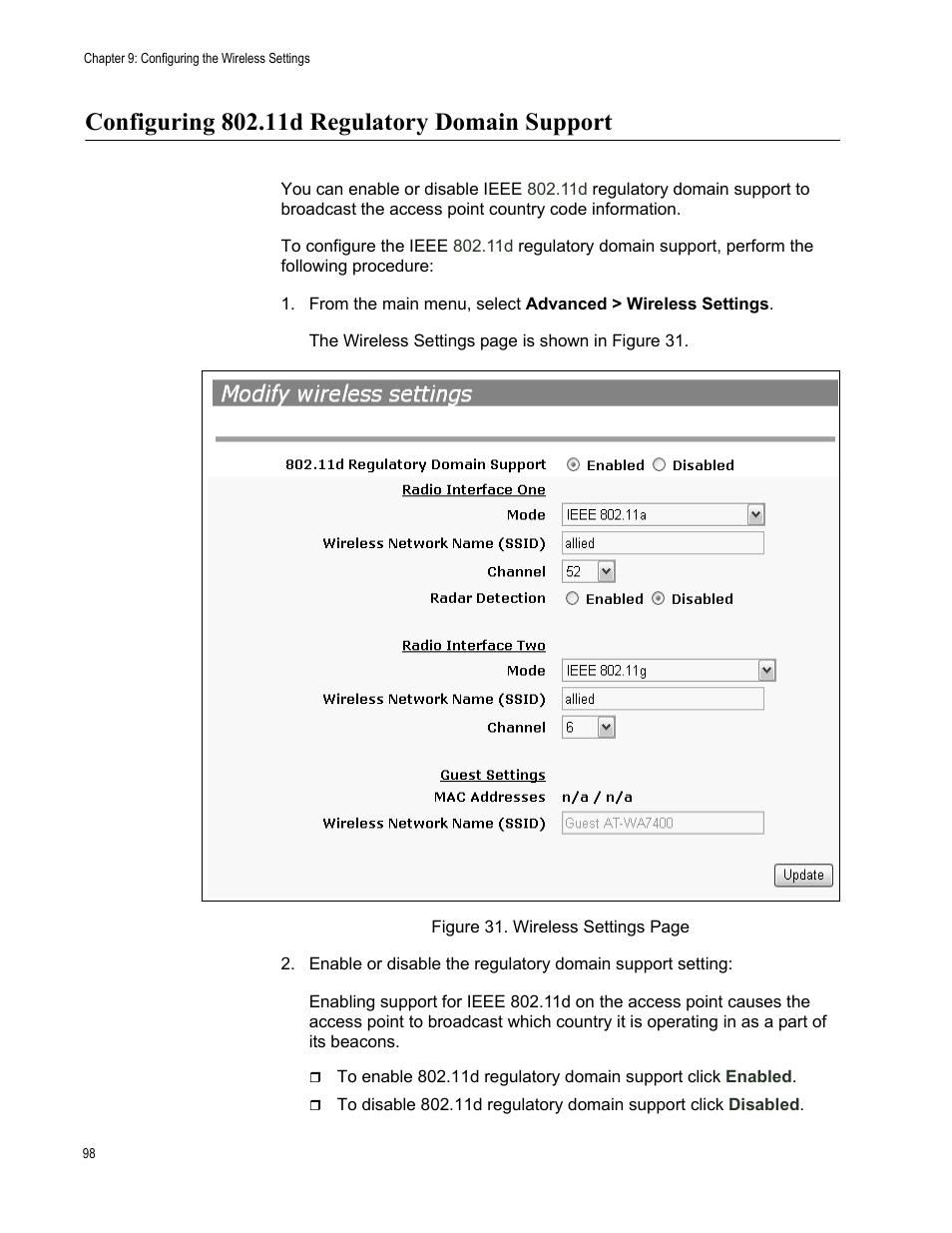 Configuring 802.11d regulatory domain support | Allied Telesis AT-WA7400/NA User Manual | Page 98 / 362