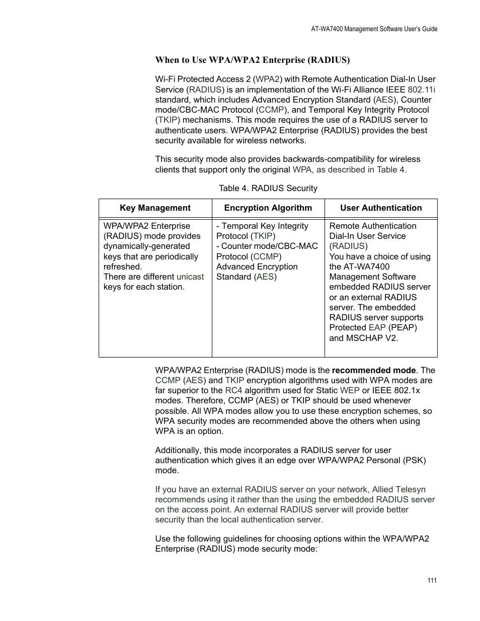 When to use wpa/wpa2 enterprise (radius) | Allied Telesis AT-WA7400/EU User Manual | Page 111 / 362