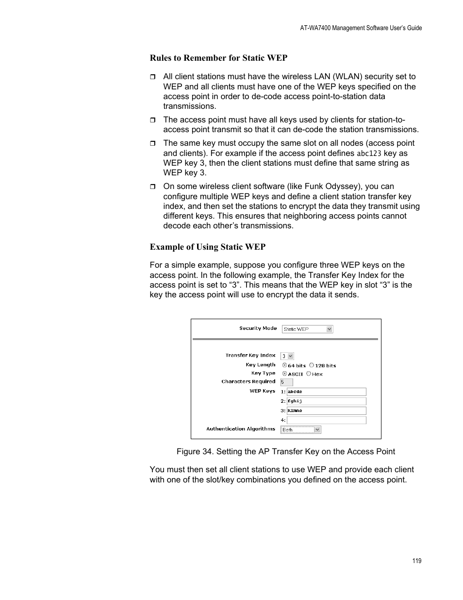 Rules to remember for static wep, Example of using static wep | Allied Telesis AT-WA7400/EU User Manual | Page 119 / 362