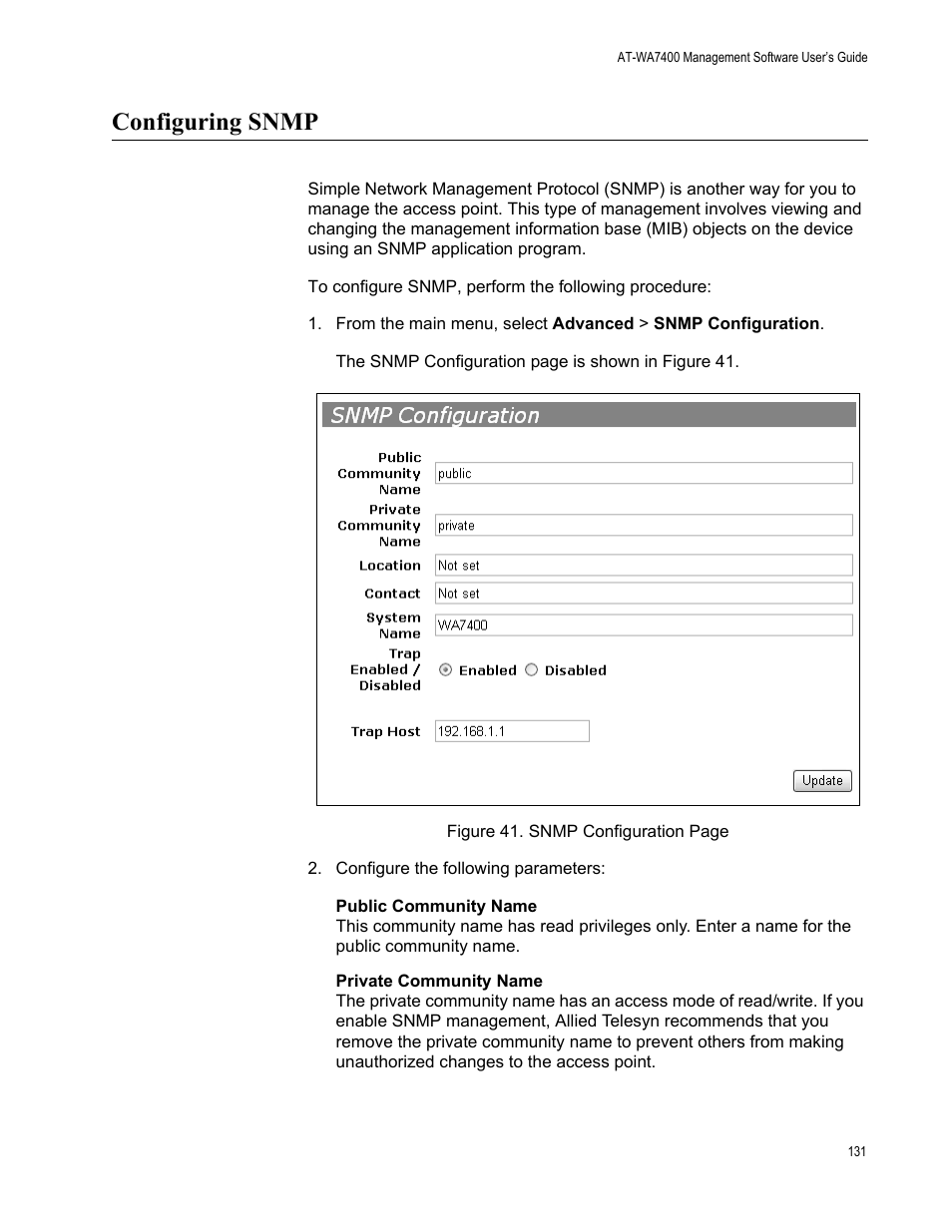 Configuring snmp | Allied Telesis AT-WA7400/EU User Manual | Page 131 / 362