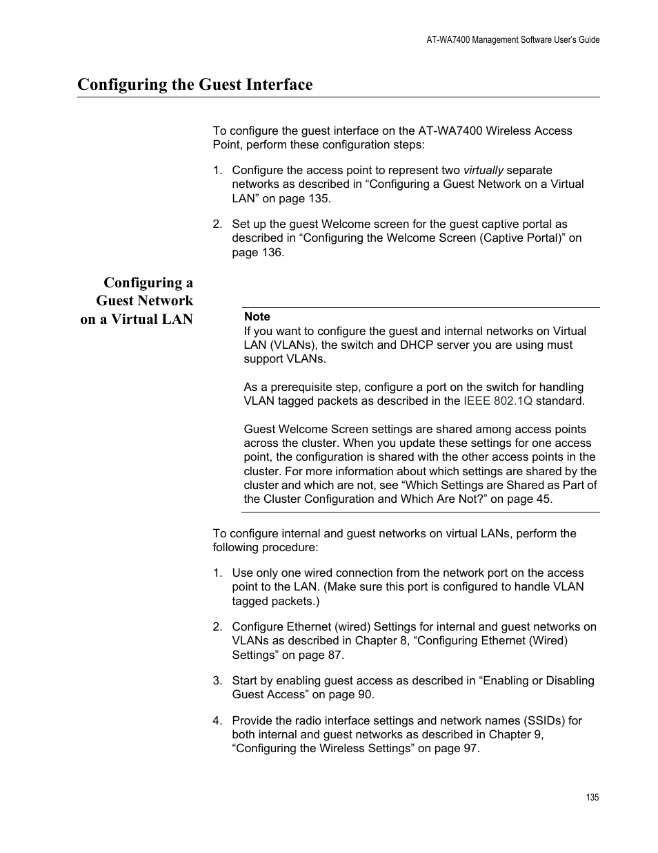 Configuring the guest interface, Configuring a guest network on a virtual lan | Allied Telesis AT-WA7400/EU User Manual | Page 135 / 362