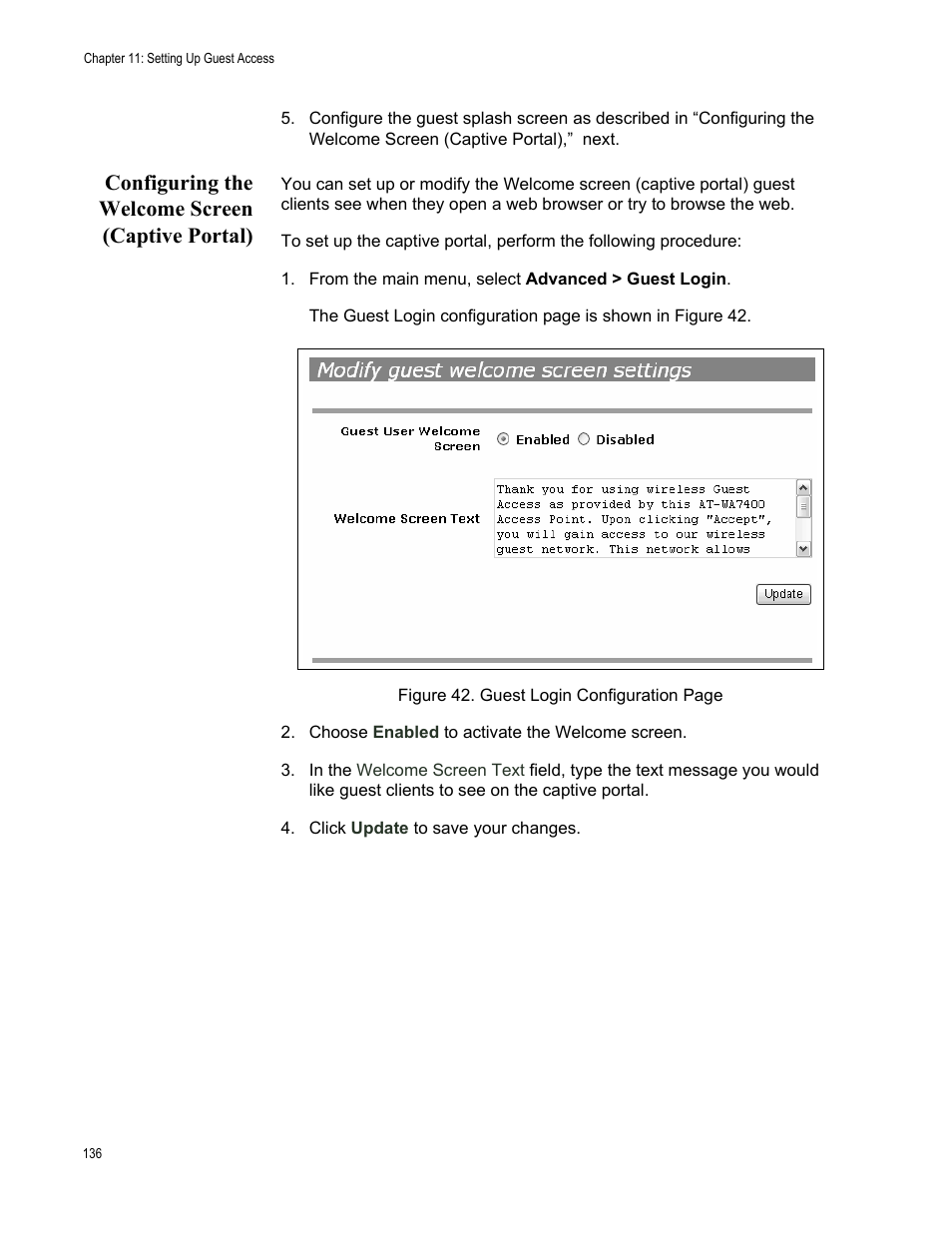 Configuring the welcome screen (captive portal) | Allied Telesis AT-WA7400/EU User Manual | Page 136 / 362