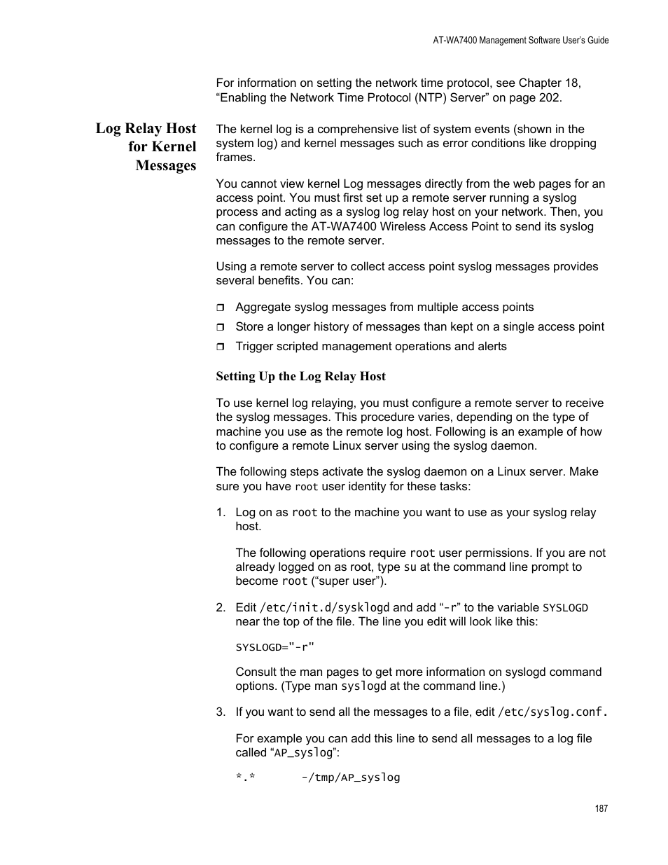 Log relay host for kernel messages, Setting up the log relay host | Allied Telesis AT-WA7400/EU User Manual | Page 187 / 362