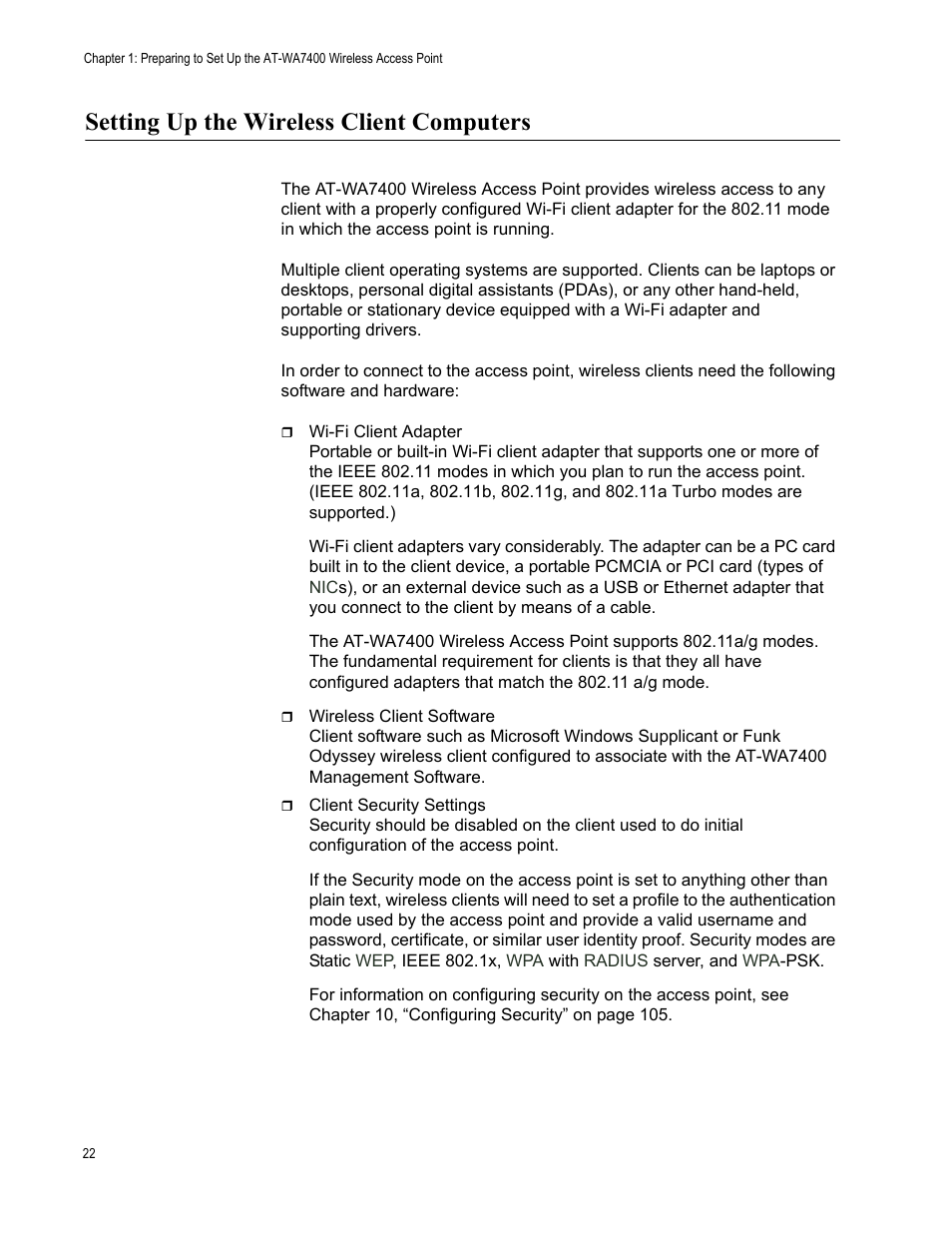 Setting up the wireless client computers | Allied Telesis AT-WA7400/EU User Manual | Page 22 / 362