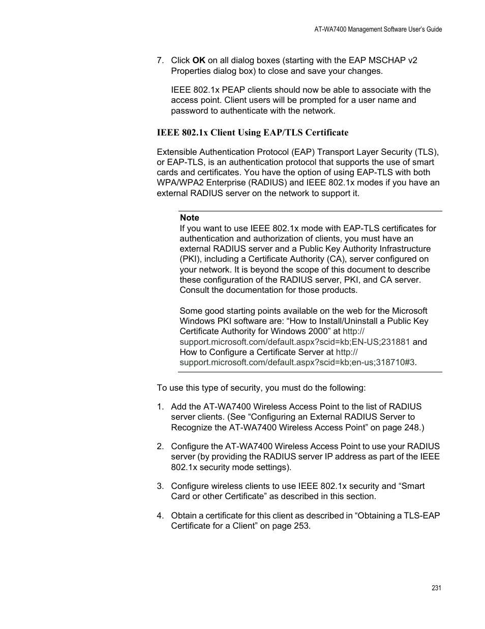 Ieee 802.1x client using eap/tls certificate | Allied Telesis AT-WA7400/EU User Manual | Page 231 / 362