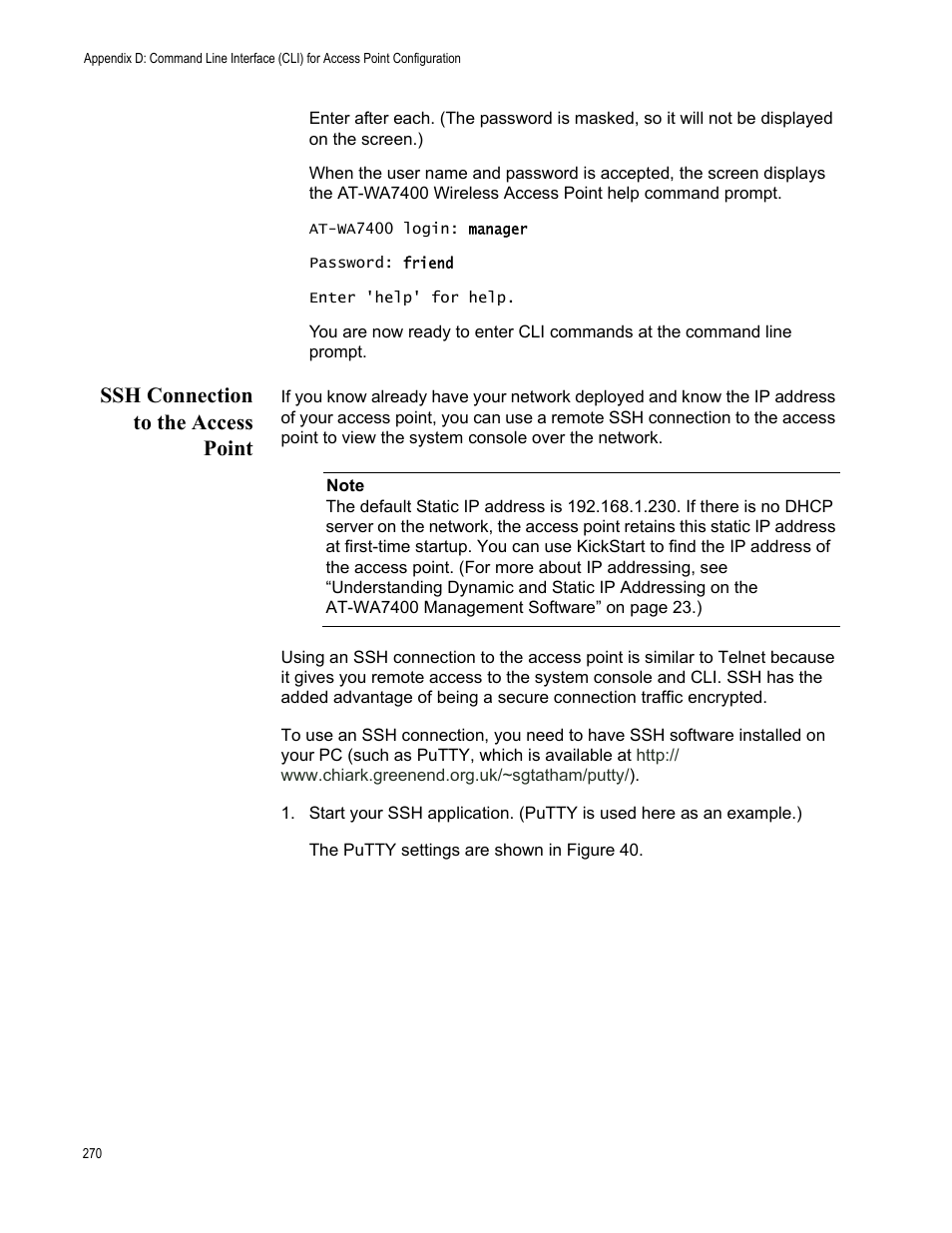 Ssh connection to the access point | Allied Telesis AT-WA7400/EU User Manual | Page 270 / 362