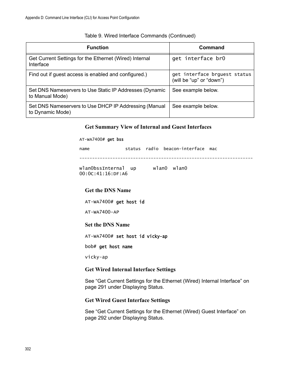 Get summary view of internal and guest interfaces, Get the dns name, Set the dns name | Get wired internal interface settings, Get wired guest interface settings | Allied Telesis AT-WA7400/EU User Manual | Page 302 / 362