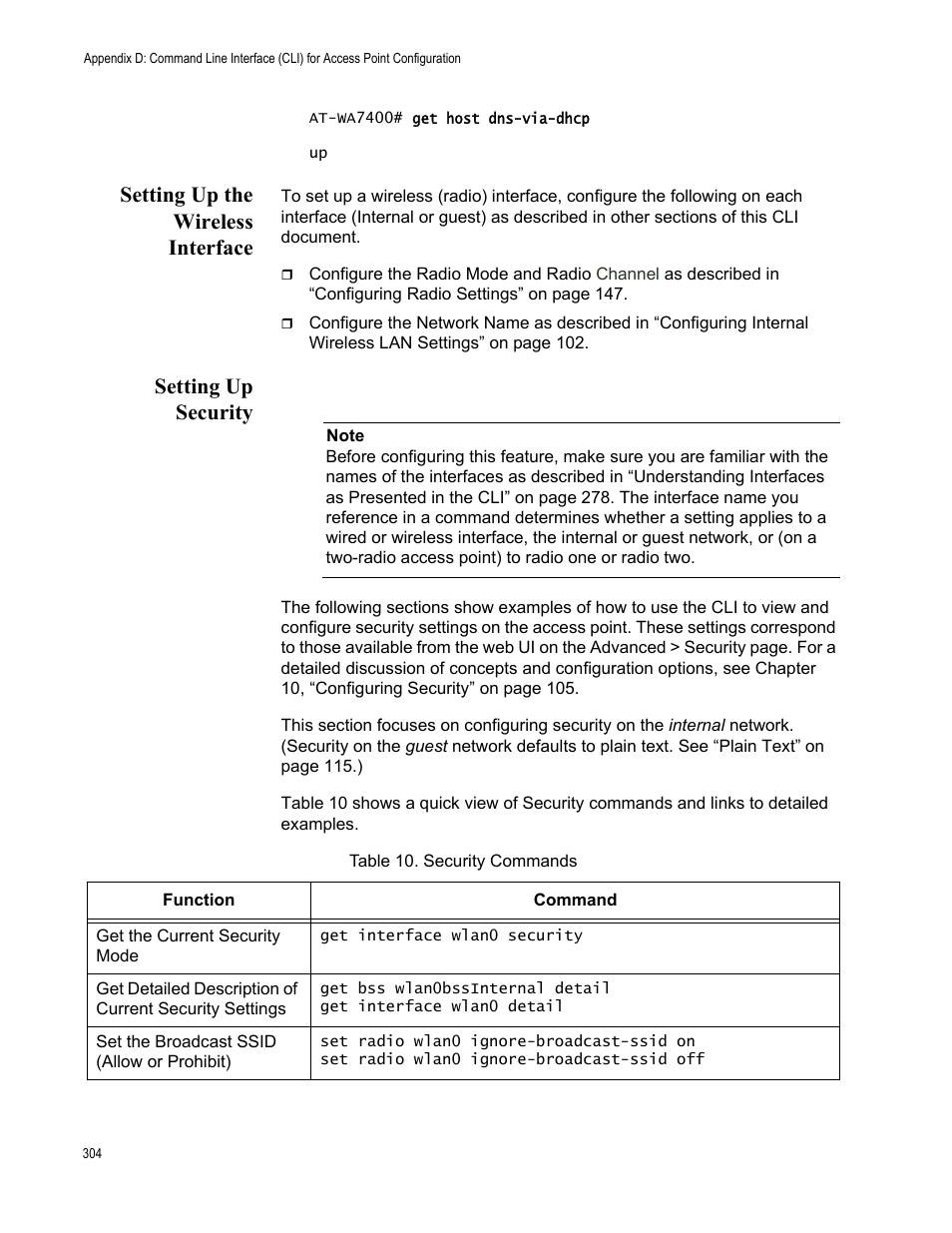 Setting up the wireless interface, Setting up security | Allied Telesis AT-WA7400/EU User Manual | Page 304 / 362