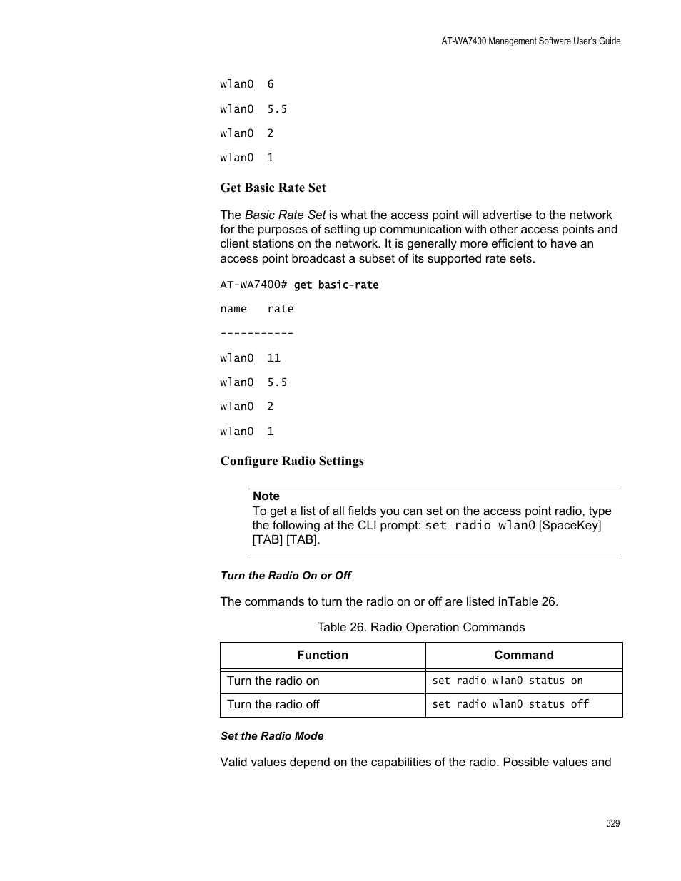 Get basic rate set, Configure radio settings, Turn the radio on or off | Set the radio mode, Get basic rate set configure radio settings, Turn the radio on or off set the radio mode | Allied Telesis AT-WA7400/EU User Manual | Page 329 / 362