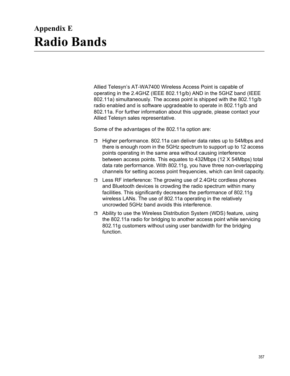 Appendix e, Radio bands, Appendix e: radio bands | Allied Telesis AT-WA7400/EU User Manual | Page 357 / 362