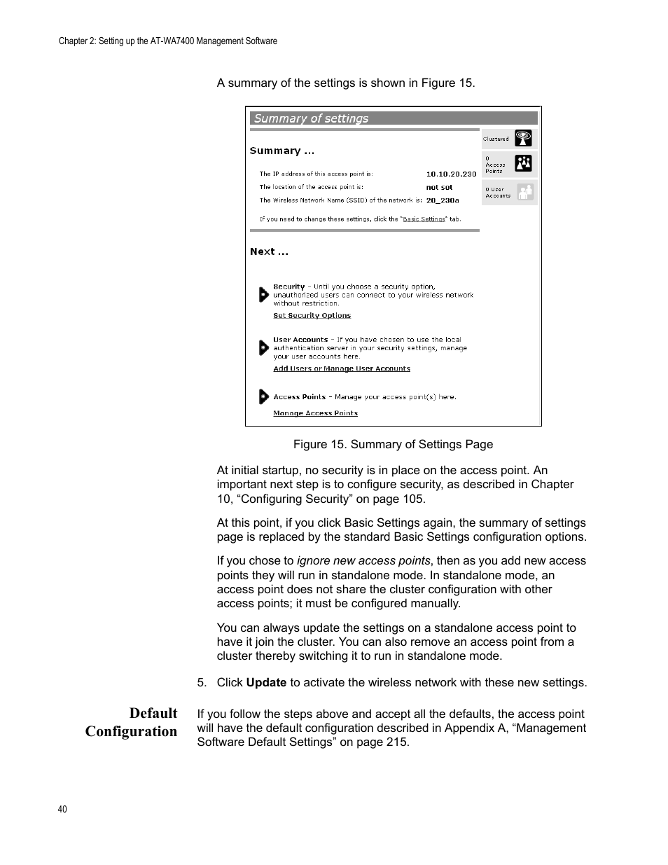Default configuration | Allied Telesis AT-WA7400/EU User Manual | Page 40 / 362