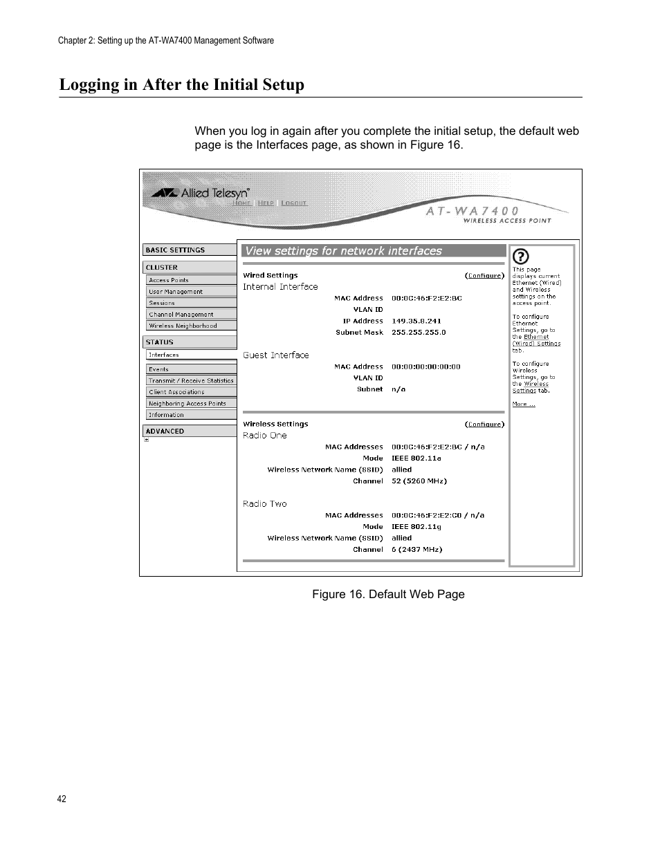 Logging in after the initial setup | Allied Telesis AT-WA7400/EU User Manual | Page 42 / 362