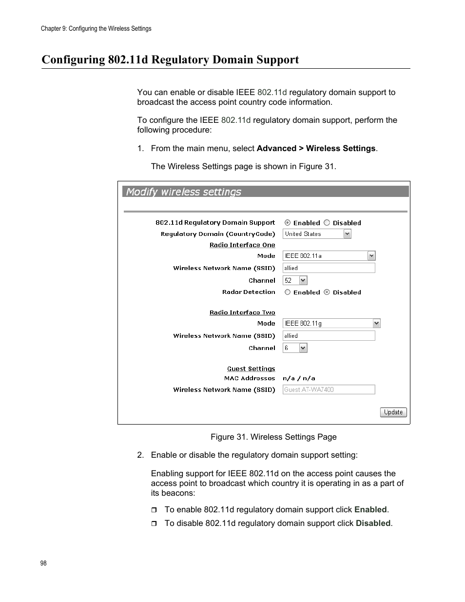 Configuring 802.11d regulatory domain support | Allied Telesis AT-WA7400/EU User Manual | Page 98 / 362