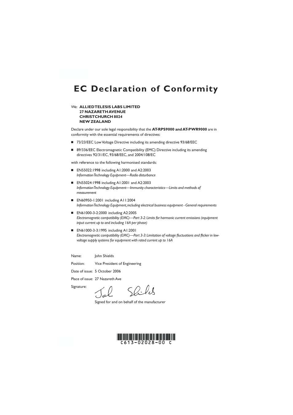 Ec declaration of conformity | Allied Telesis AT-RPS9000 User Manual | Page 12 / 12