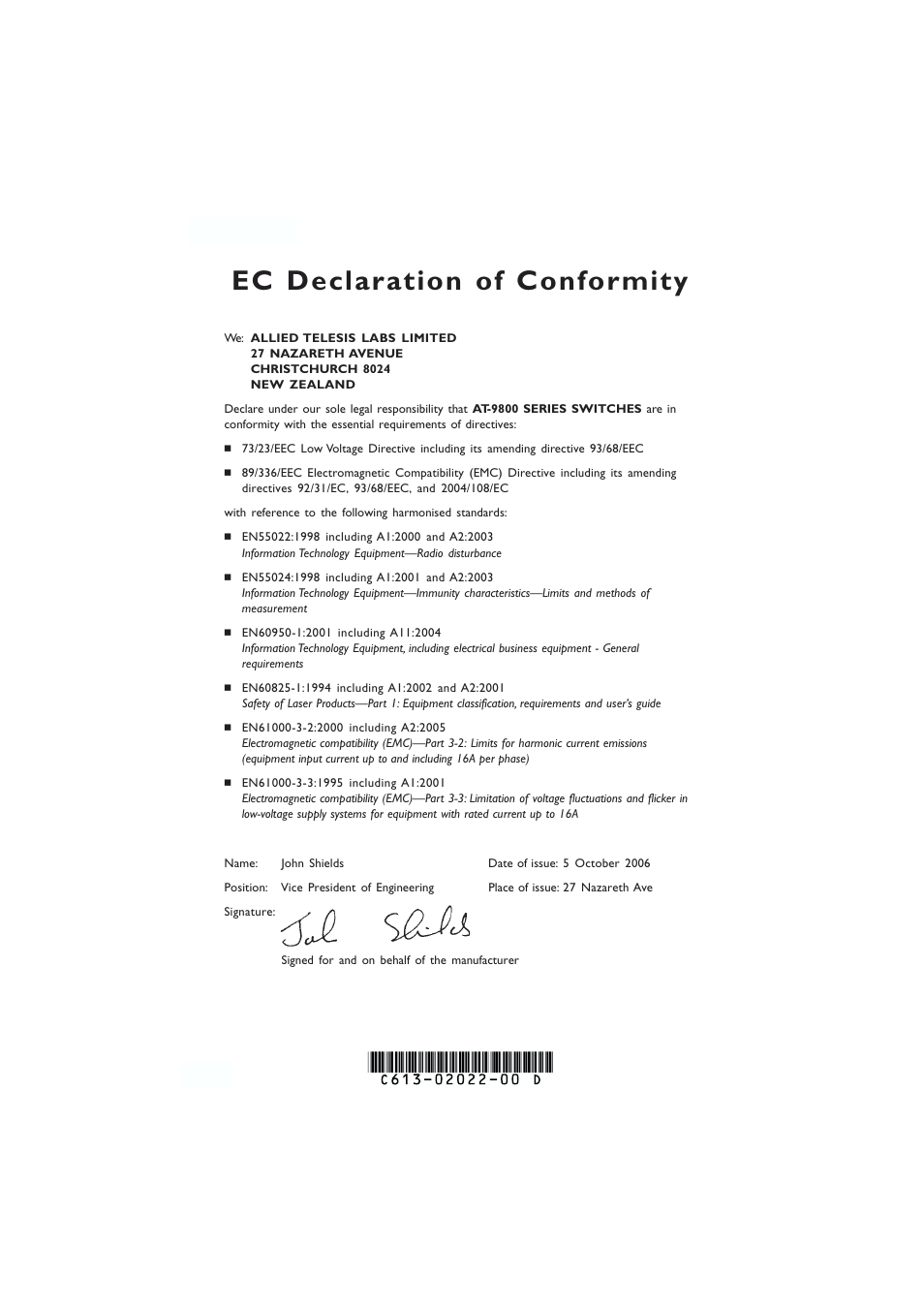 Ec declaration of conformity | Allied Telesis AT-9800 SERIES User Manual | Page 20 / 20