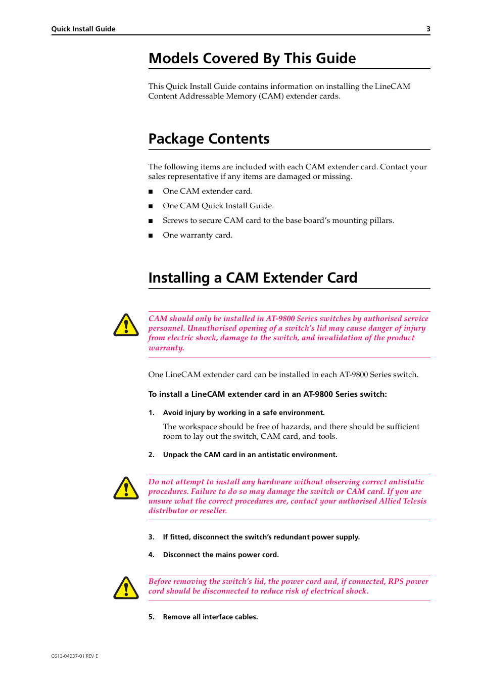 Models covered by this guide, Package contents, Installing a cam extender card | Allied Telesis CAM User Manual | Page 3 / 5