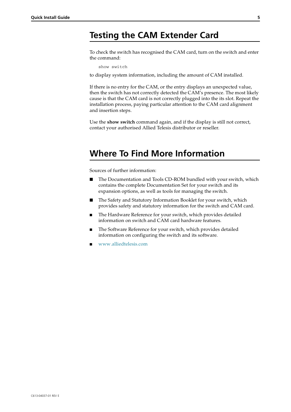 Testing the cam extender card, Where to find more information | Allied Telesis CAM User Manual | Page 5 / 5