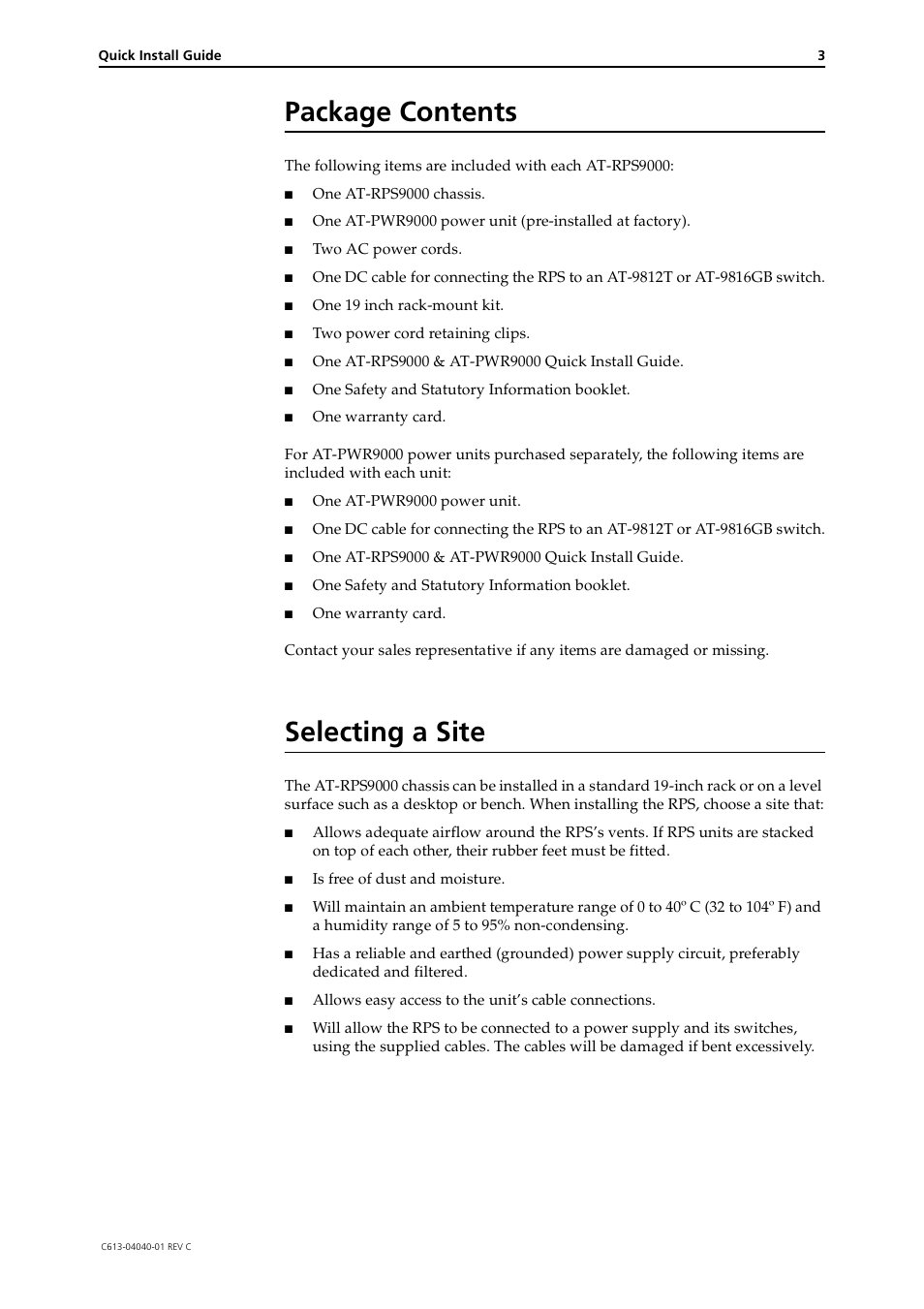 Package contents, Selecting a site | Allied Telesis AT-PWR9000 User Manual | Page 3 / 8