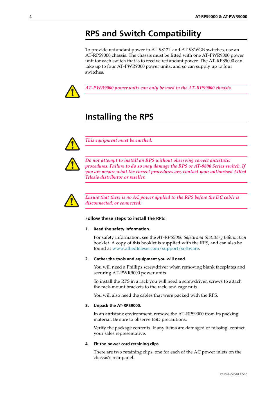 Rps and switch compatibility, Installing the rps | Allied Telesis AT-PWR9000 User Manual | Page 4 / 8
