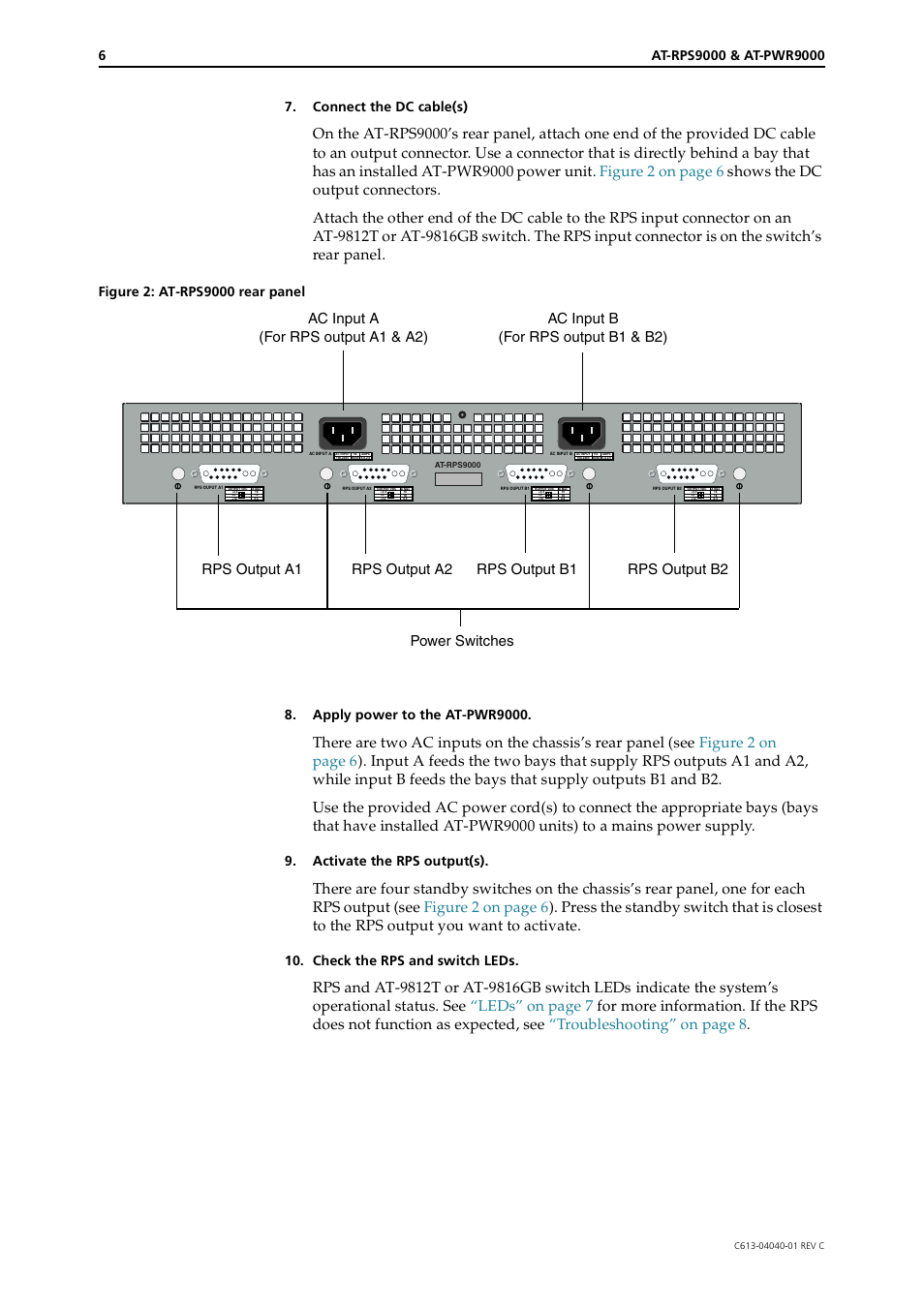 Connect the dc cable(s), Activate the rps output(s), Check the rps and switch leds | Allied Telesis AT-PWR9000 User Manual | Page 6 / 8