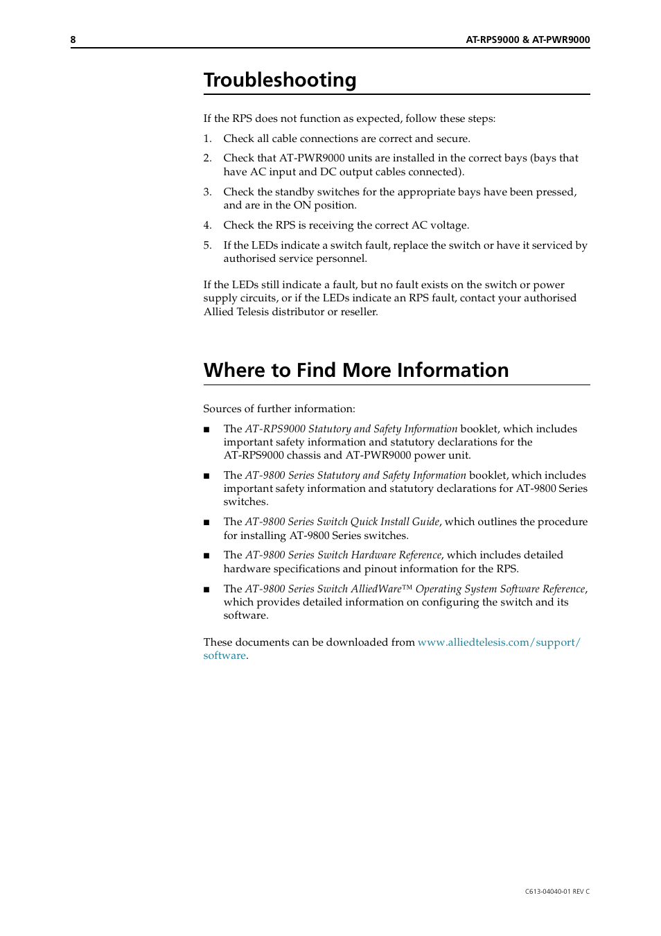 Troubleshooting, Where to find more information | Allied Telesis AT-PWR9000 User Manual | Page 8 / 8
