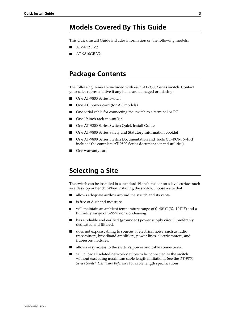 Models covered by this guide, Package contents, Selecting a site | Allied Telesis AT-9800 Series Switch User Manual | Page 3 / 10