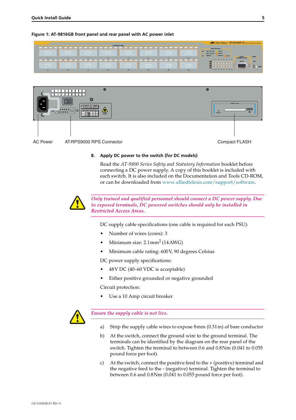 Step 8, Quick install guide 5, Ac power at-rps9000 rps connector compact flash | Allied Telesis AT-9800 Series Switch User Manual | Page 5 / 10