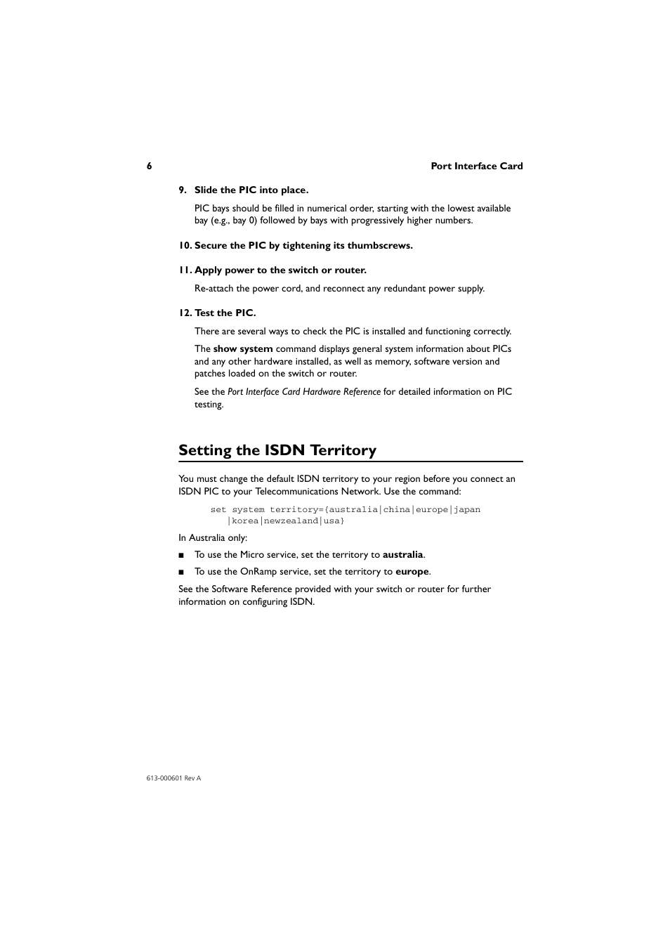 Setting the isdn territory | Allied Telesis Port Interface Card User Manual | Page 6 / 8