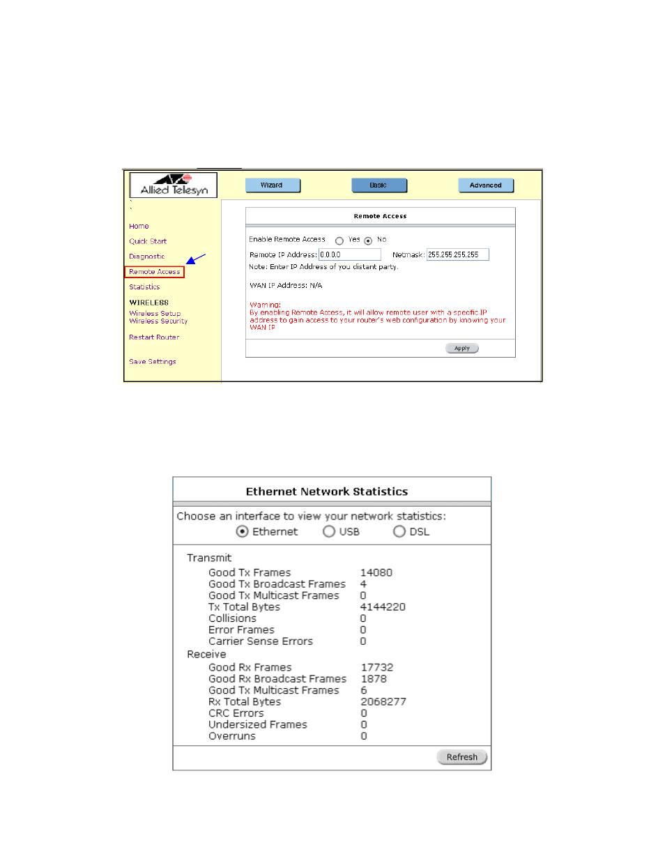 Remote access, Statistics, Emote | Ccess, Tatistics | Allied Telesis AT-ARW256E User Manual | Page 15 / 50