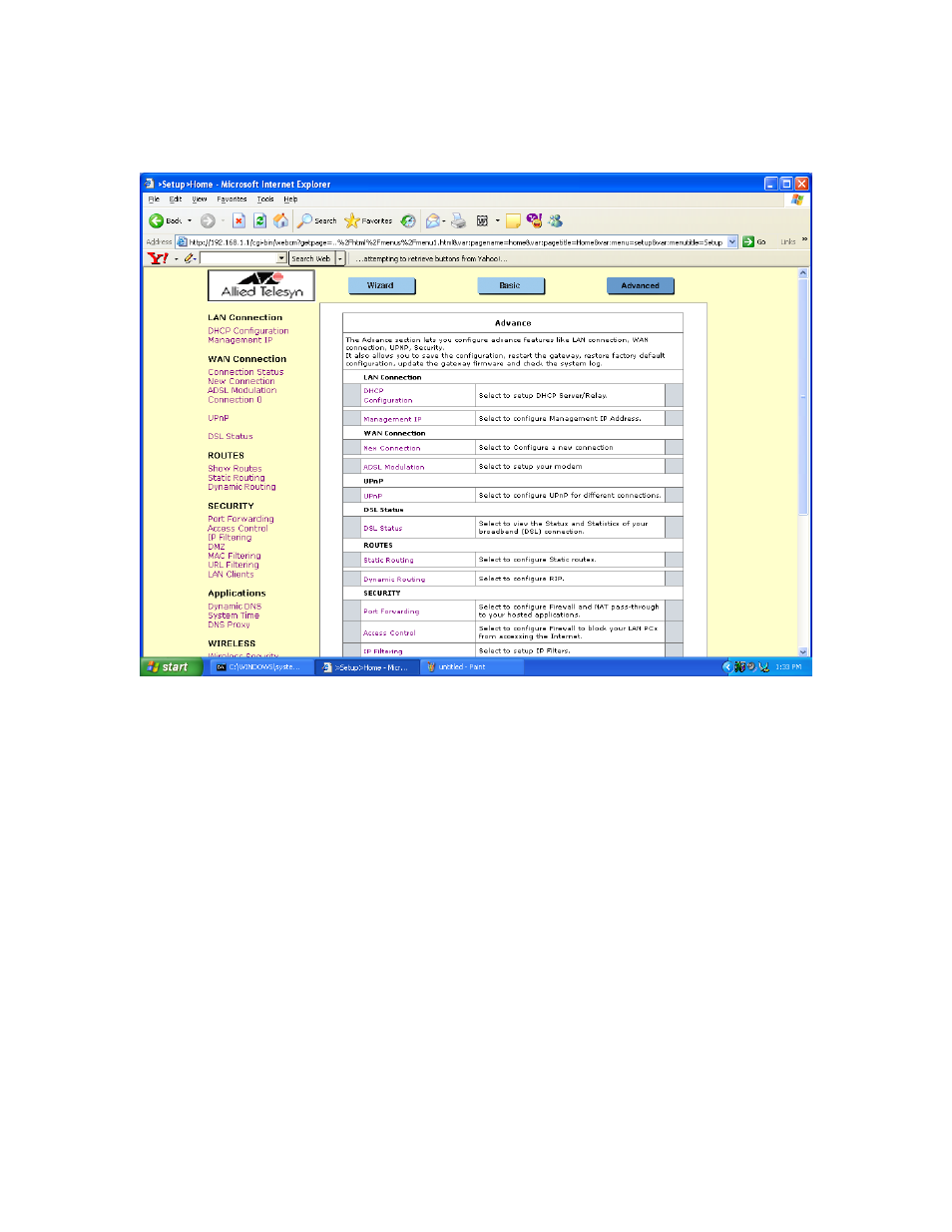 Advanced, Lan connection, Lan c | Onnection | Allied Telesis AT-ARW256E User Manual | Page 19 / 50