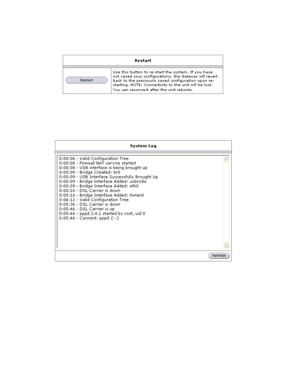 Restart router, System log | Allied Telesis AT-ARW256E User Manual | Page 46 / 50