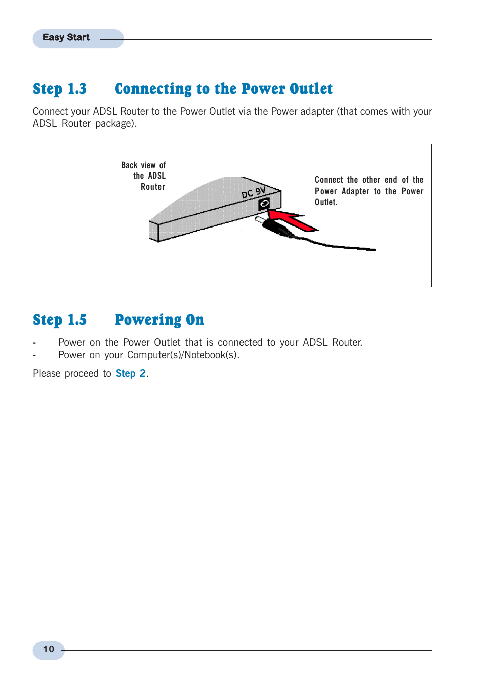 Step 1.5 powering on, Step 1.3 connecting to the power outlet | Allied Telesis AT-AR236E User Manual | Page 10 / 19